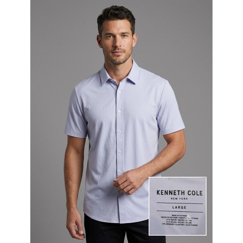 Kenneth Cole New York Light Blue Solid Short Sleeve Button-Up Shirt L